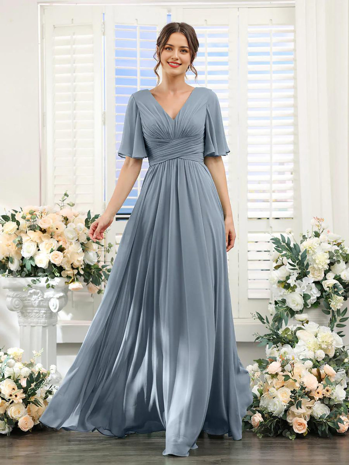 Vestido de dama de honor de manga corta con escote en V y corte A para invitada de boda, largo de gasa, vestido formal de fiesta con abertura